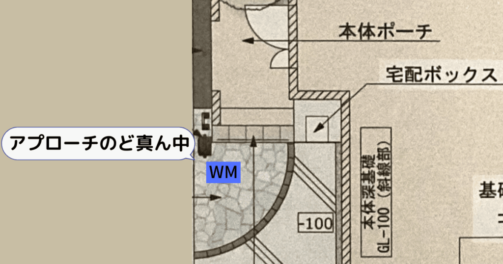 打ち合わせ初期段階の図面では玄関アプローチのど真ん中に水道メーターが設置されることになっていた