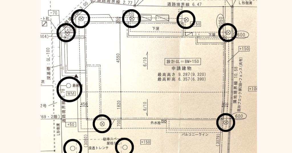 土地内の建物の位置を示す図面で排水桝の確認ができる