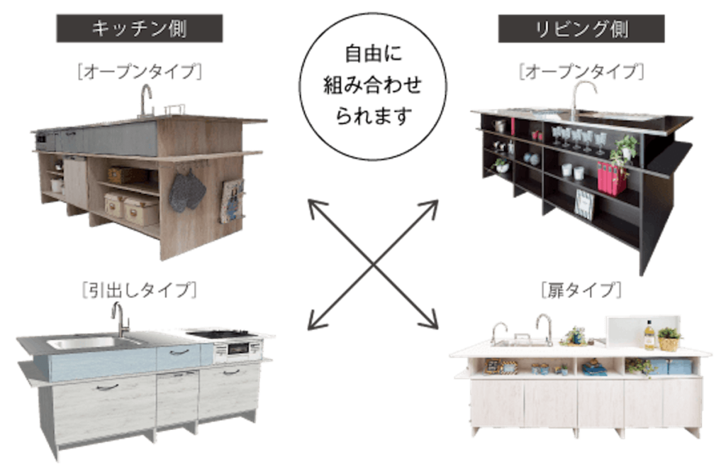 ビヴァリオのリビング側とキッチン側の棚の組み合わせ図